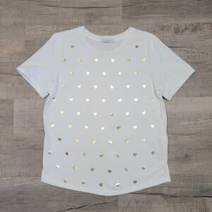 South Parade Short Sleeve Crew Neck T Shirt Size Medium White Gold Foil Heart